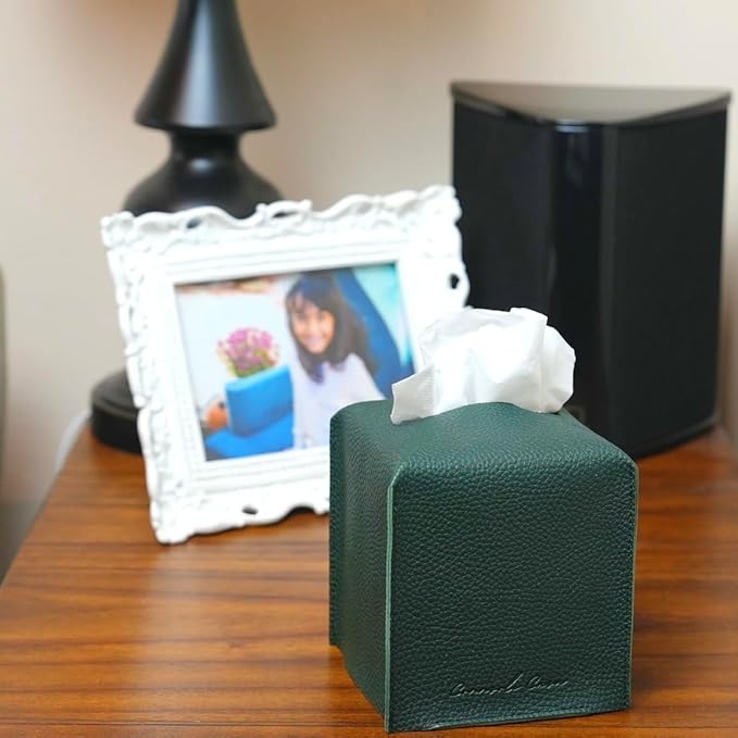Premium PU Leather Tissue Box Holder Natural & Classic Look (Dk-Green)