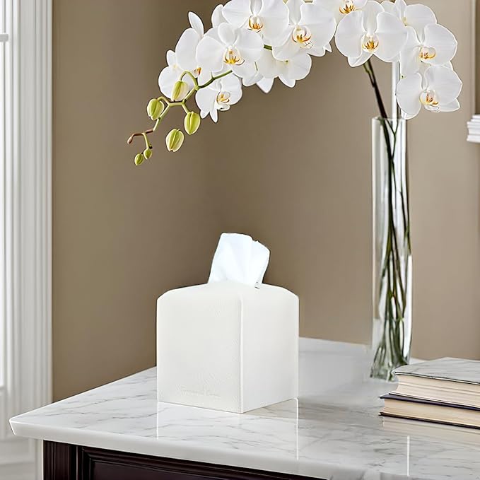 Premium PU Leather Tissue Box Holder Natural & Classic Look (White)