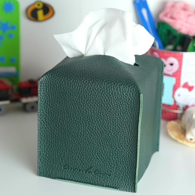 Premium PU Leather Tissue Box Holder Natural & Classic Look (Dk-Green)