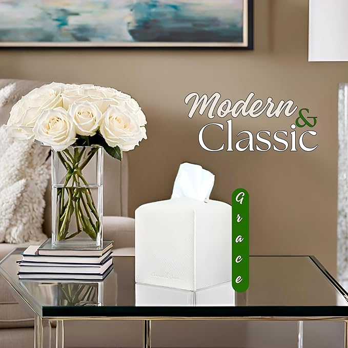 Premium PU Leather Tissue Box Holder Natural & Classic Look (White)