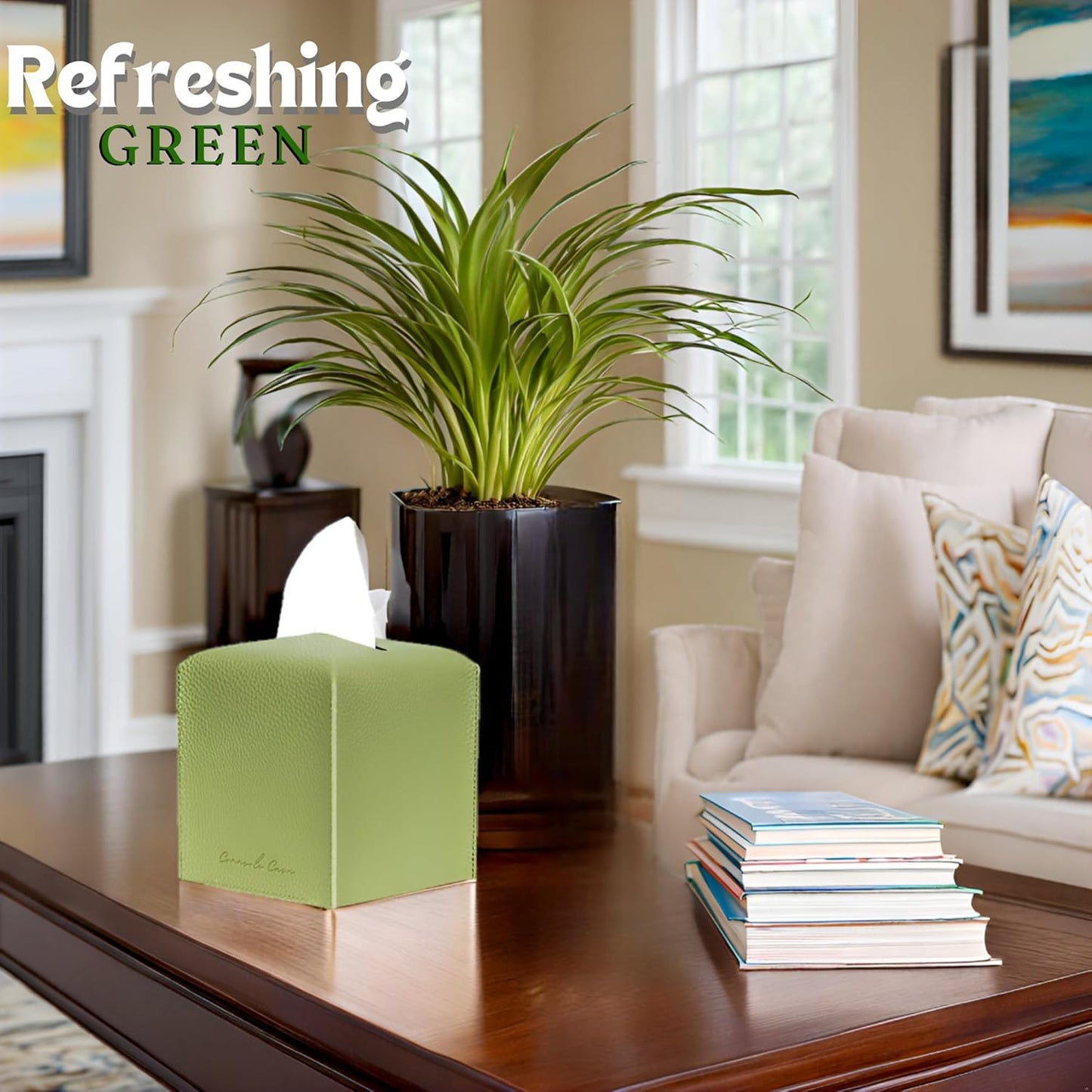 Premium PU Leather Tissue Box Holder Natural & Refreshing Look (Green)