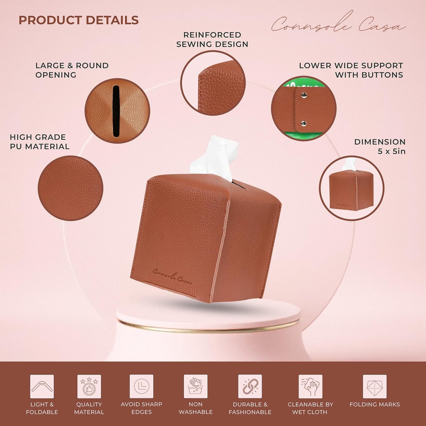 Premium PU Leather Tissue Box Holder Natural & Classic Look (Camel)