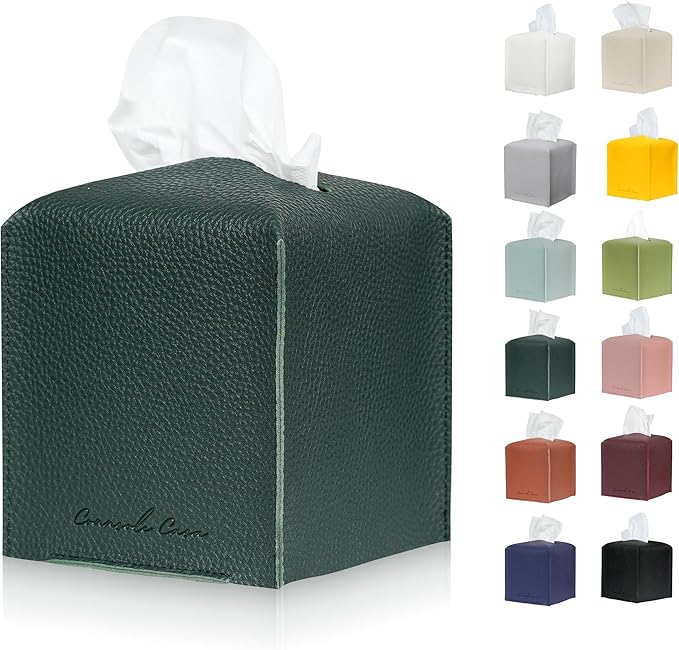 Premium PU Leather Tissue Box Holder Natural & Classic Look (Dk-Green)