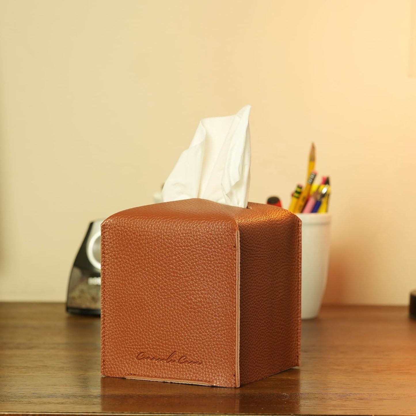 Premium PU Leather Tissue Box Holder Natural & Classic Look (Camel)