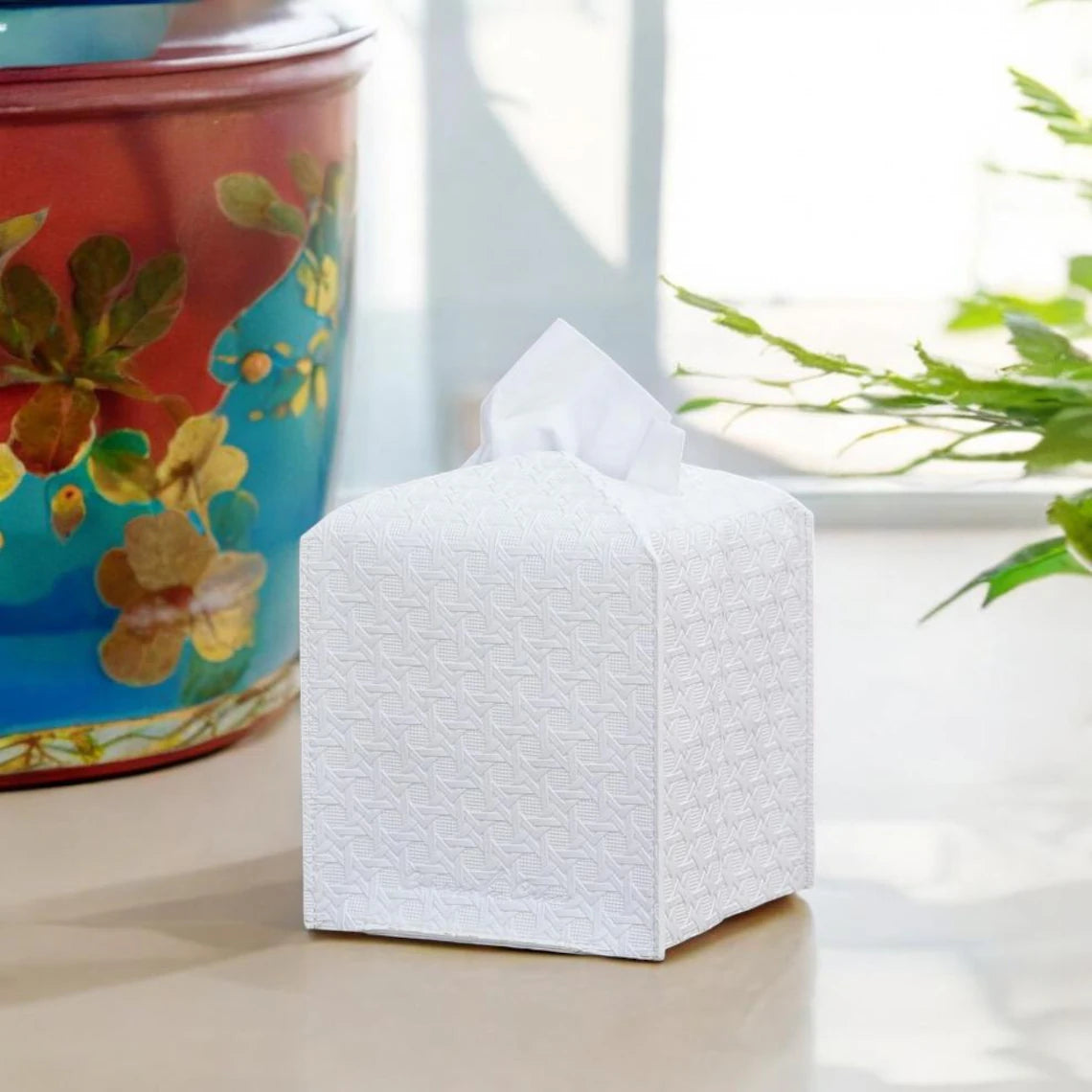 Premium Rattan PU Leather Tissue Cover, Modern Tissue Box White colour