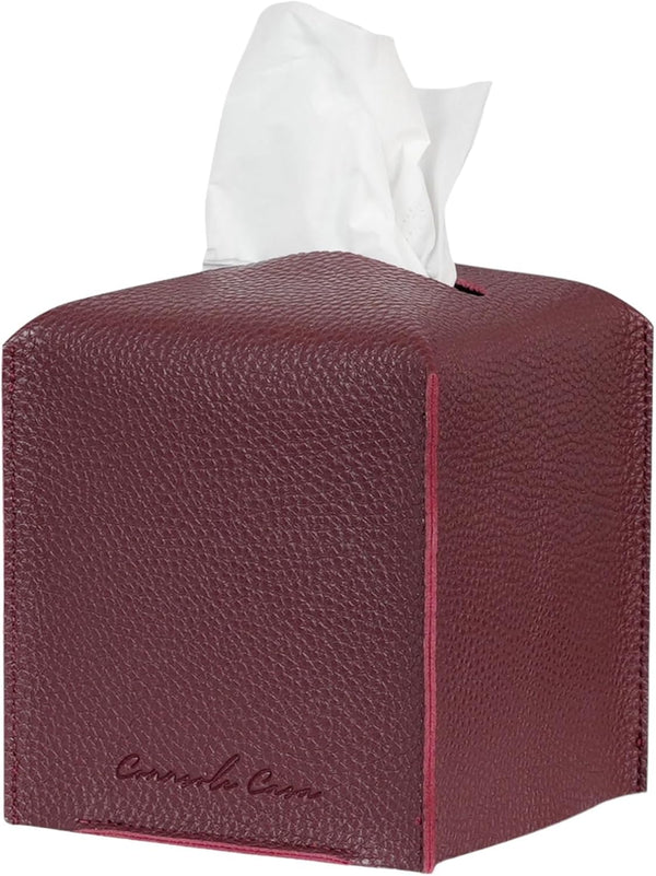 Premium PU Leather Tissue Box Holder  Natural & Classic Look (Cherry Red)