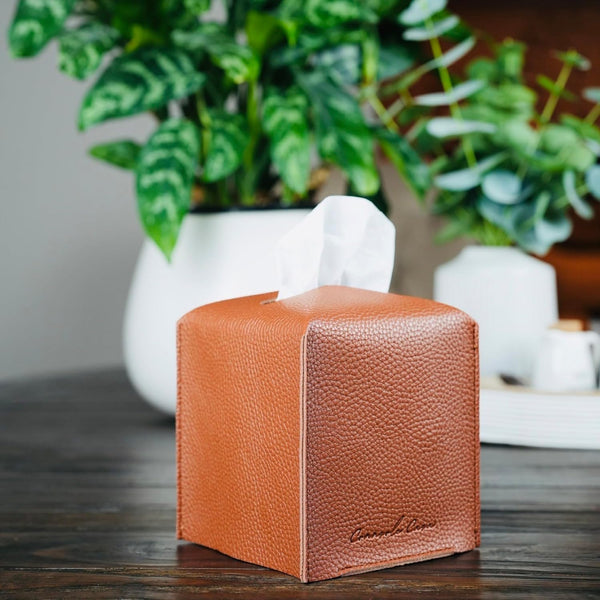 Premium PU Leather Tissue Box Holder Natural & Classic Look (Camel)