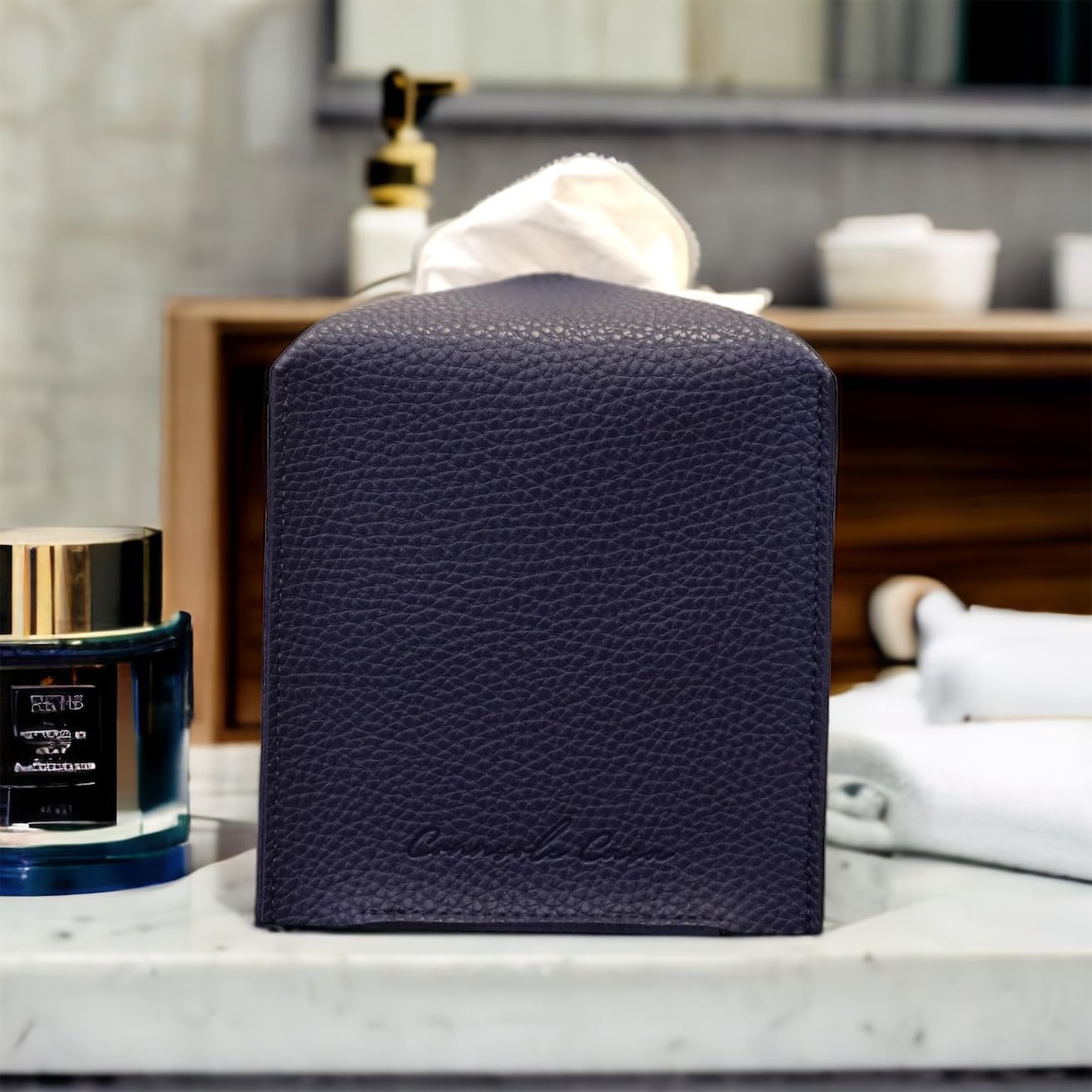 Premium PU Leather Tissue Box Holder Natural & Classic Look (Blue)