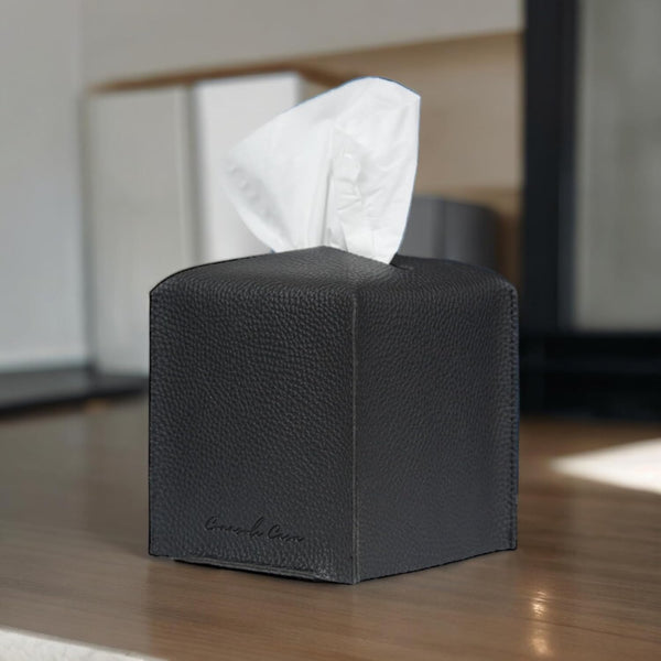 Premium PU Leather Tissue Box Holder  Natural & Classic Look (Black)