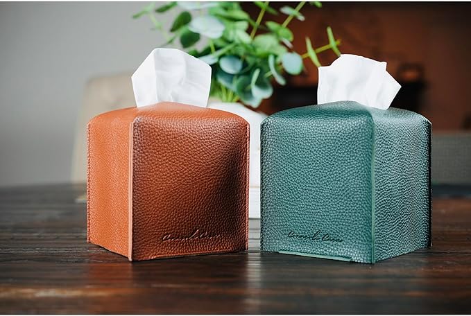 Premium PU Leather Tissue Box Holder  Natural & Classic Look (Dk-Green)