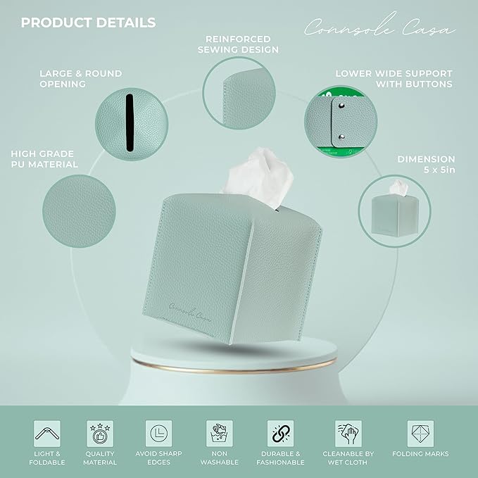 Premium PU Leather Tissue Box Holder Natural & Classic Look (Teal)