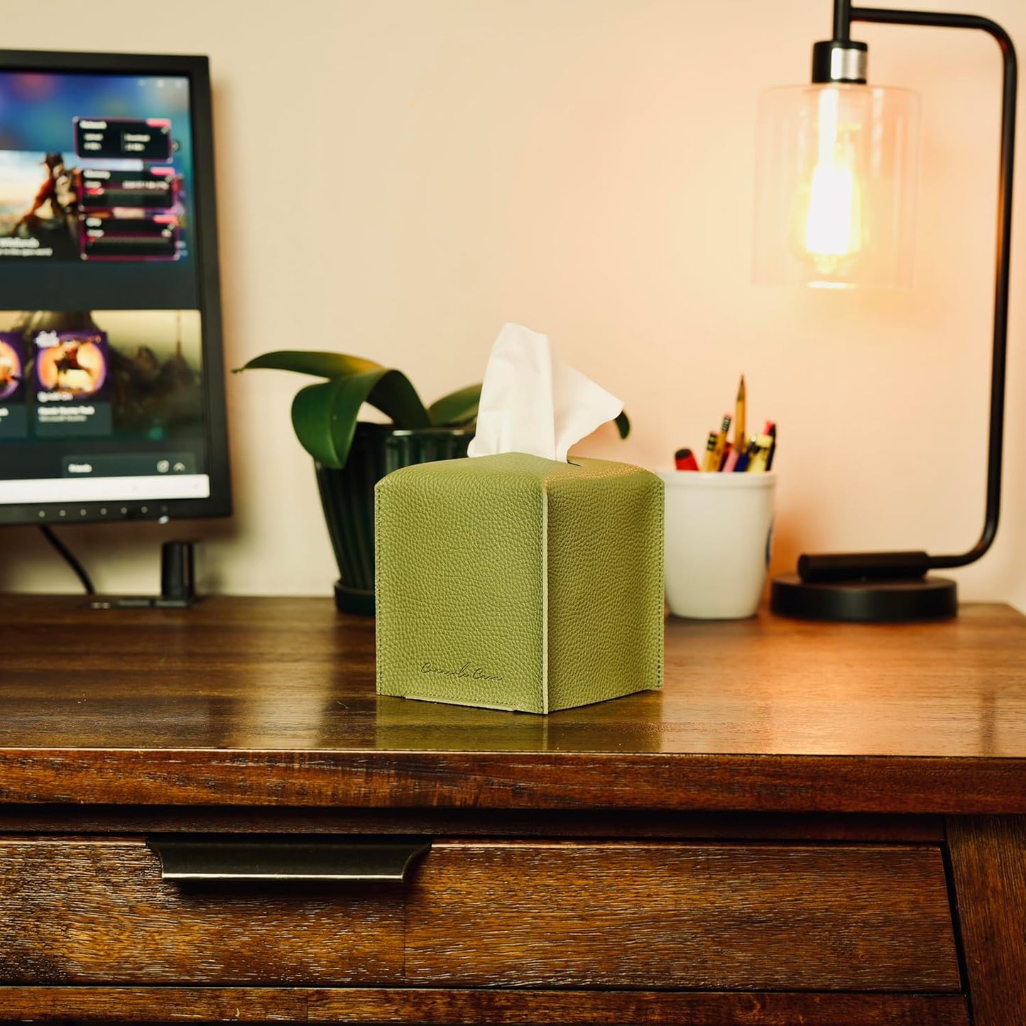 Premium PU Leather Tissue Box Holder  Natural & Refreshing Look (Green)