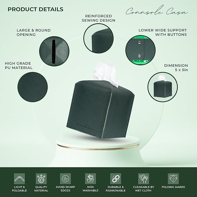 Premium PU Leather Tissue Box Holder  Natural & Classic Look (Dk-Green)