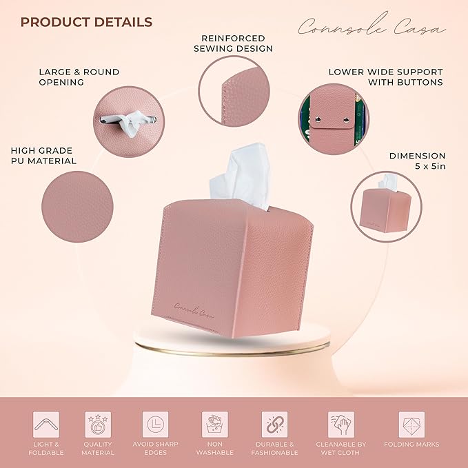 Premium PU Leather Tissue Box Holder Romantic and Cute Look (Pink)