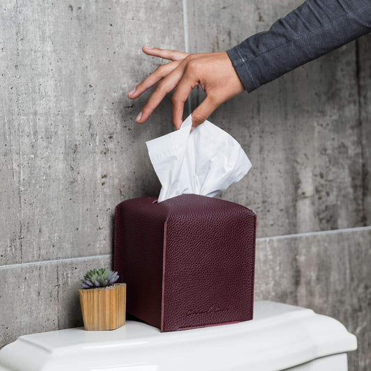 Premium PU Leather Tissue Box Holder  Natural & Classic Look (Wine Red)