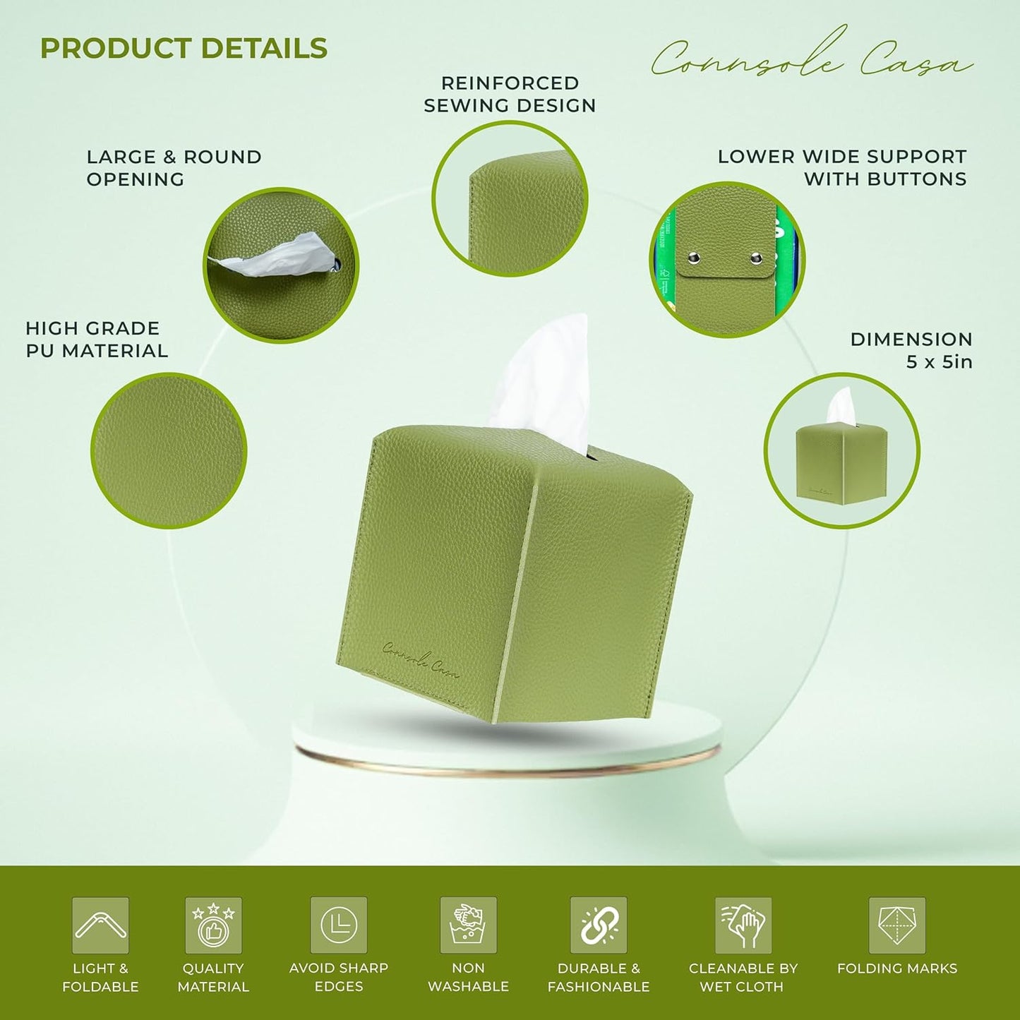 Premium PU Leather Tissue Box Holder  Natural & Refreshing Look (Green)
