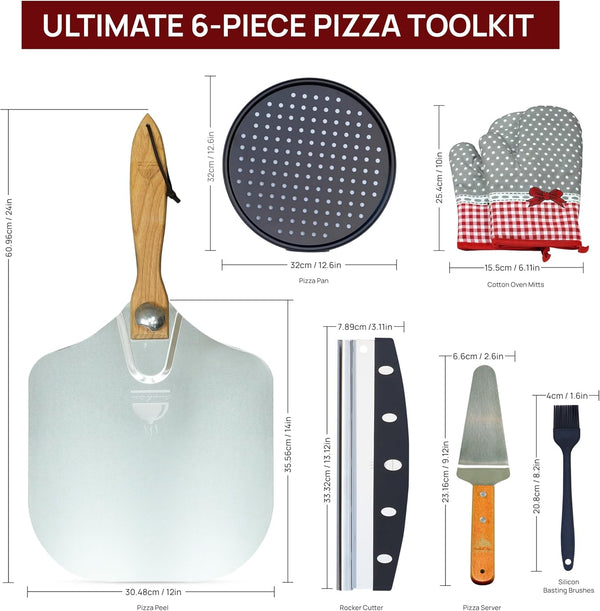 6pc Pizza Oven Accessories Set -12"x14" Pizza Peel, 12" Perforated Pizza Pan, Pizza Server, Pizza Cutter Rocker Blade, Basting Brush & Heat Resistant Gloves Complete Pizza Making Kit