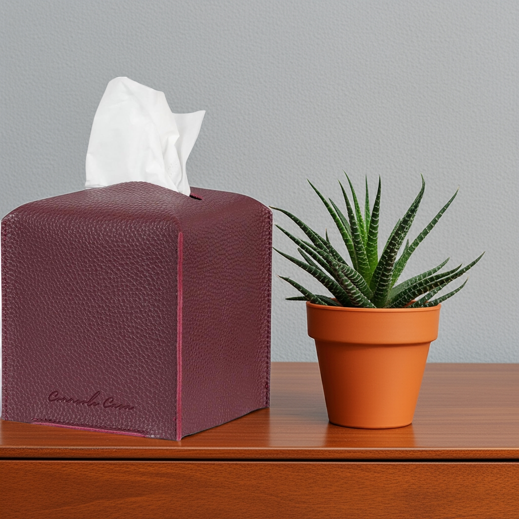 Premium PU Leather Tissue Box Holder  Natural & Classic Look (Cherry Red)