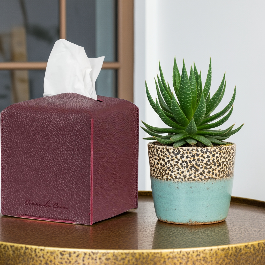 Premium PU Leather Tissue Box Holder  Natural & Classic Look (Cherry Red)