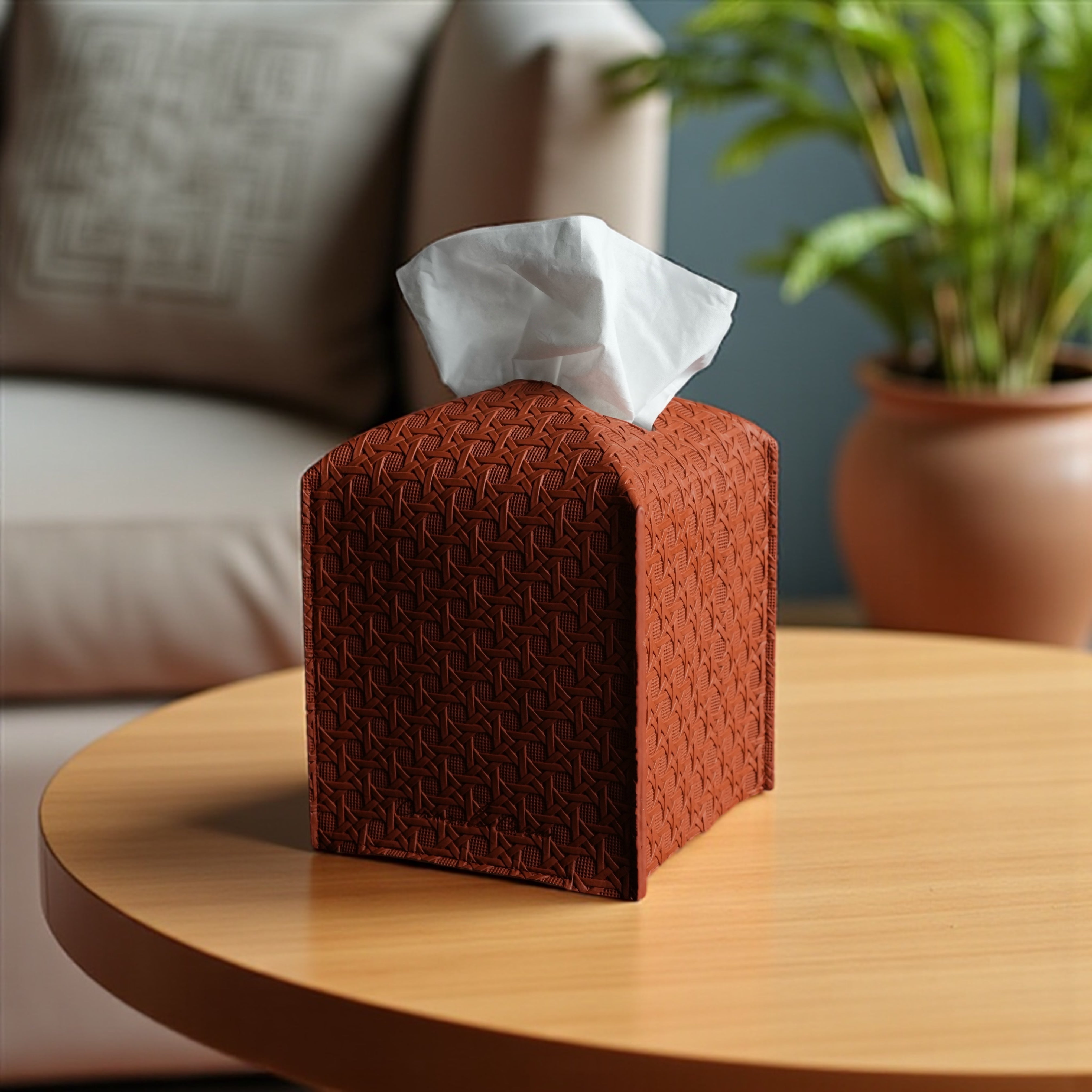 Checkered Rattan Tissue Box Cover