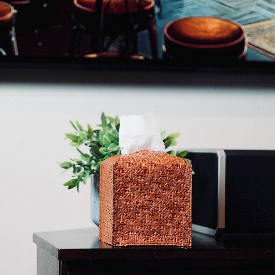 Checkered Rattan Tissue Box Cover