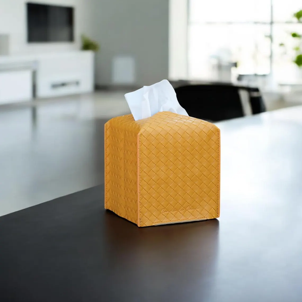 Rattan Pu Leather  Puffs Tissue Box Cover Yellow Colour