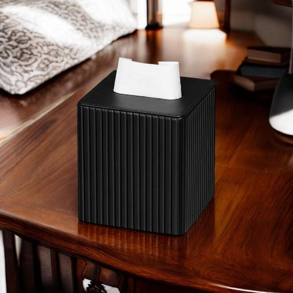 TISSUE BOX SQUARE- Premium Modern Ribbed Design Tissue Box Cover Pu Leather Tissue Box, Magnetic Closure Decorative Tissue Box Napkin Holder black