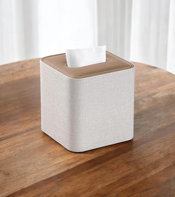 PREMIUM TISSUE COVER -Two Tone Linen and Leather Tissue Box Holder, Top Open Magnetic Closure Tissue Box Cover Square Napkin Cover Gift Idea