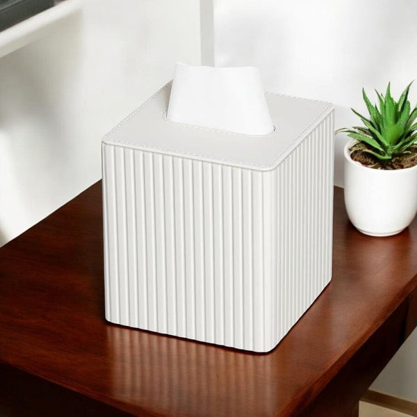 TISSUE BOX SQUARE- Premium Modern Ribbed Design Tissue Box Cover Pu Leather Tissue Box, Magnetic Closure Decorative Tissue Box Napkin Holder white