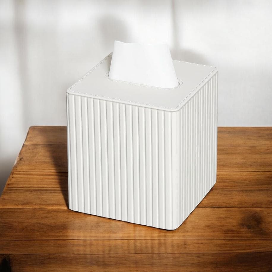 TISSUE BOX SQUARE- Premium Modern Ribbed Design Tissue Box Cover Pu Leather Tissue Box, Magnetic Closure Decorative Tissue Box Napkin Holder Grey
