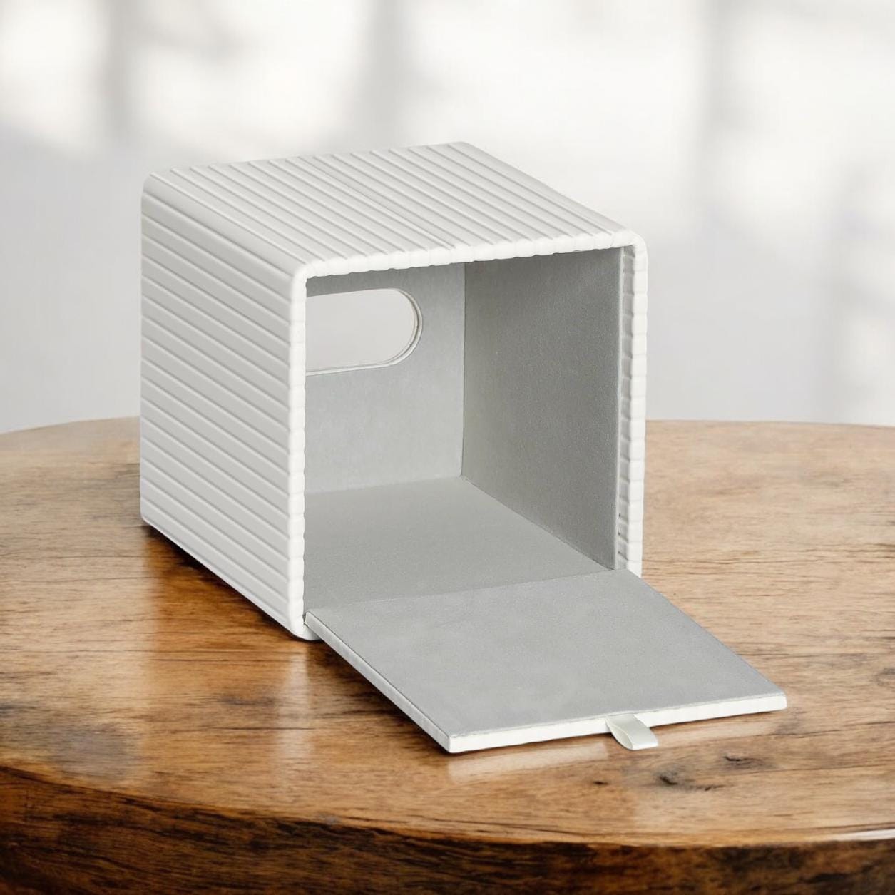 TISSUE BOX SQUARE- Premium Modern Ribbed Design Tissue Box Cover Pu Leather Tissue Box, Magnetic Closure Decorative Tissue Box Napkin Holder Grey