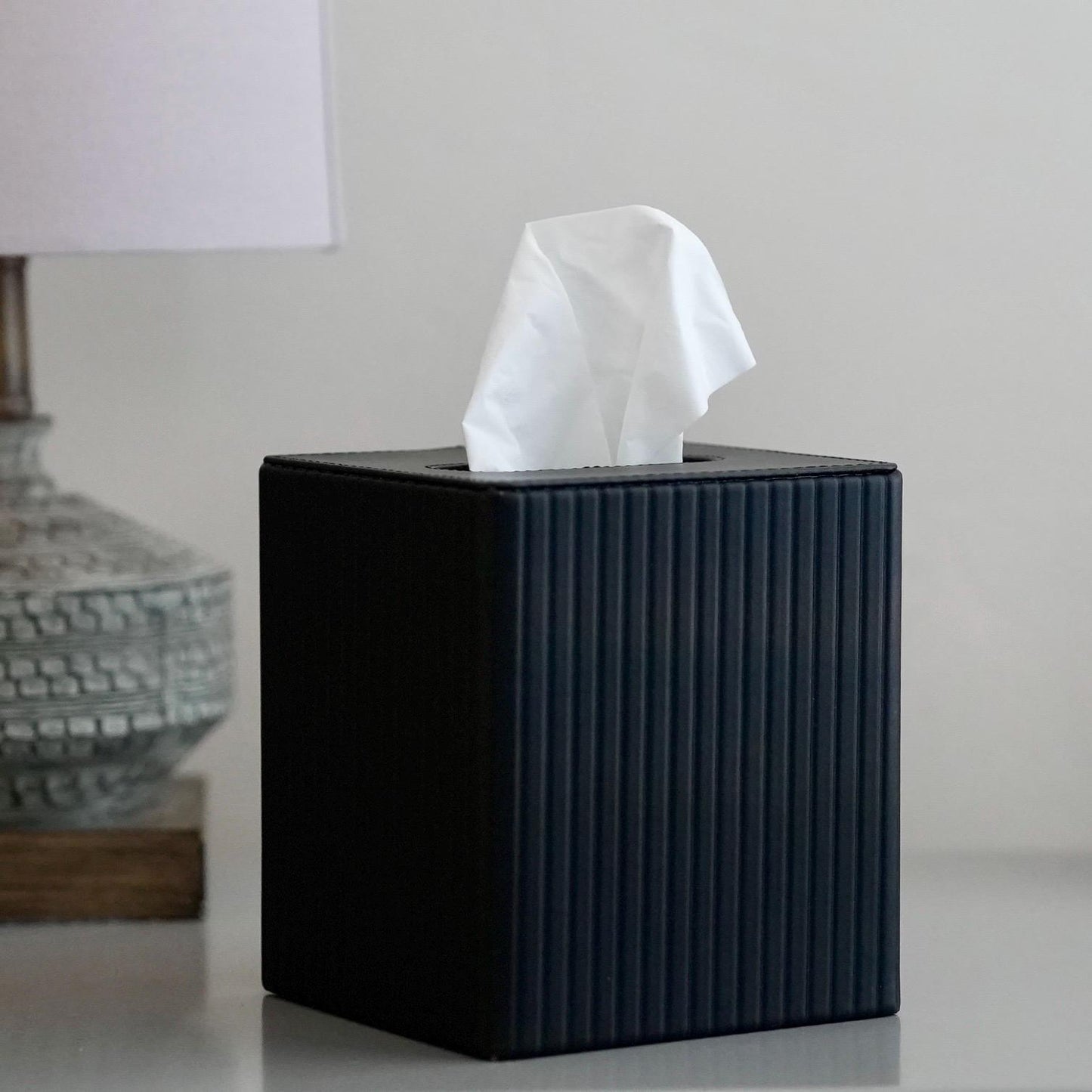 TISSUE BOX SQUARE- Premium Modern Ribbed Design Tissue Box Cover Pu Leather Tissue Box, Magnetic Closure Decorative Tissue Box Napkin Holder Grey