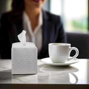 Rattan Style Vegan Leather Tissue Box Cover in white lifestyle by Connsole Casa