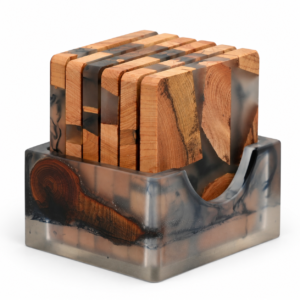 Cedar wood resin coaster set – Eastern Cedar Aromatic Wood & Resin Coaster Set – 6 Coasters with Matching Base