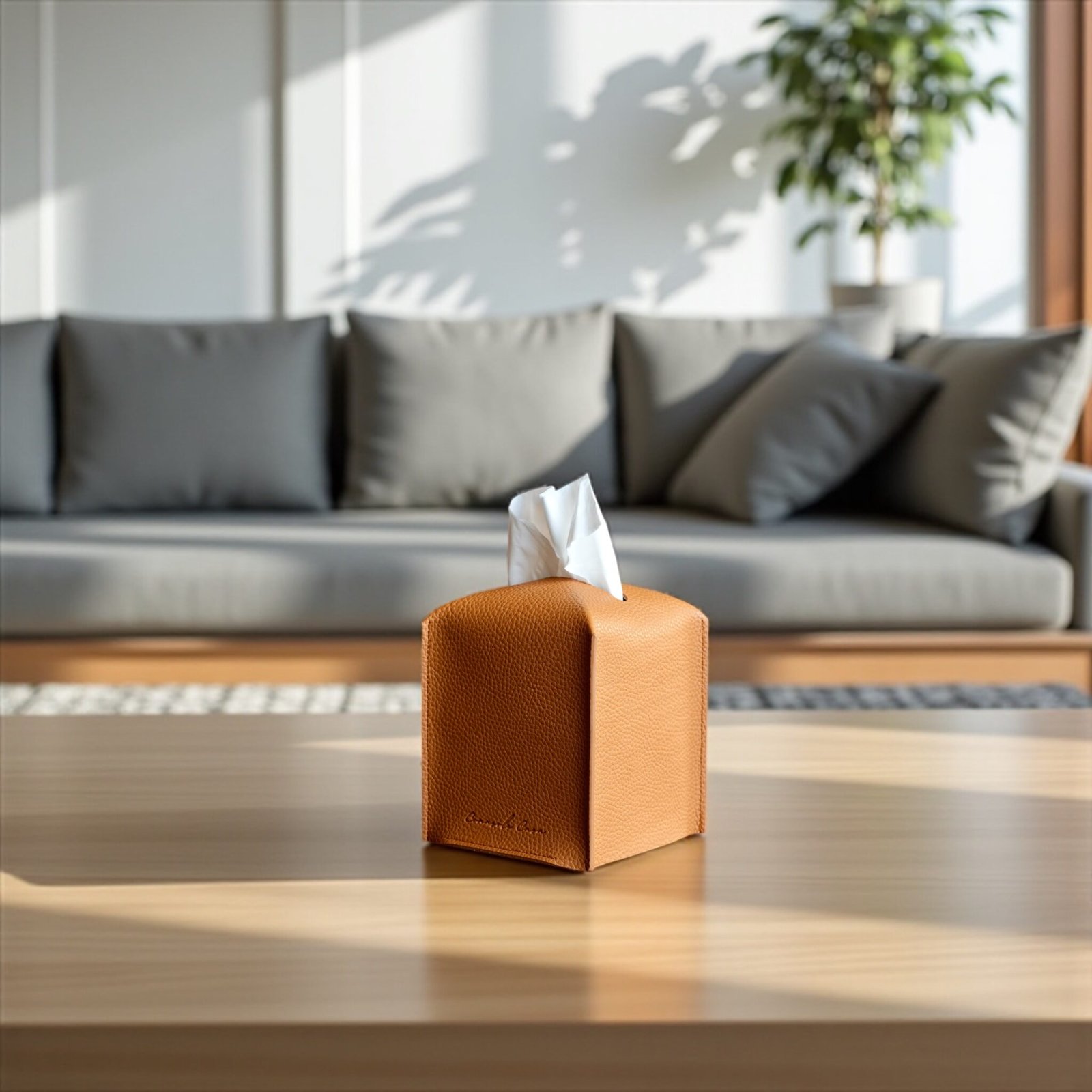Handcrafted leather tissue box cover by Connsole Casa