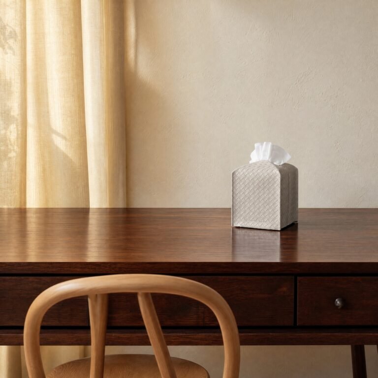 Woven Textured PU Leather Tissue Box Cover in white lifestyle by Connsole Casa