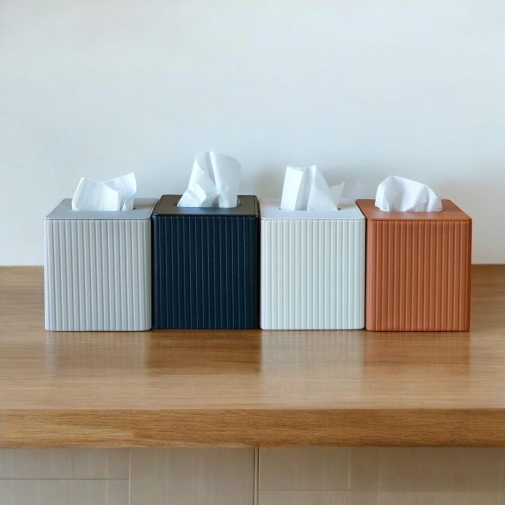 Modern ribbed square PU leather tissue box cover with magnetic closure by Connsole Casa