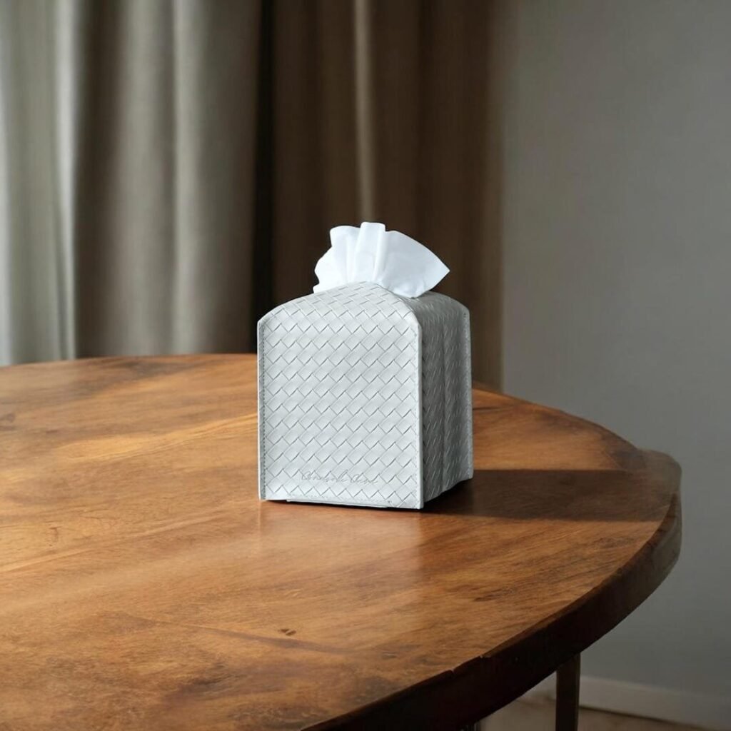 Woven textured PU leather tissue box cover in a sleek square design by Connsole Casa
