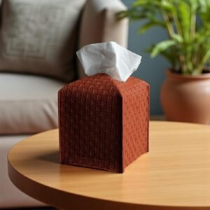 Rattan Style Vegan Leather Tissue Box Cover – Square Decorative Napkin Holder