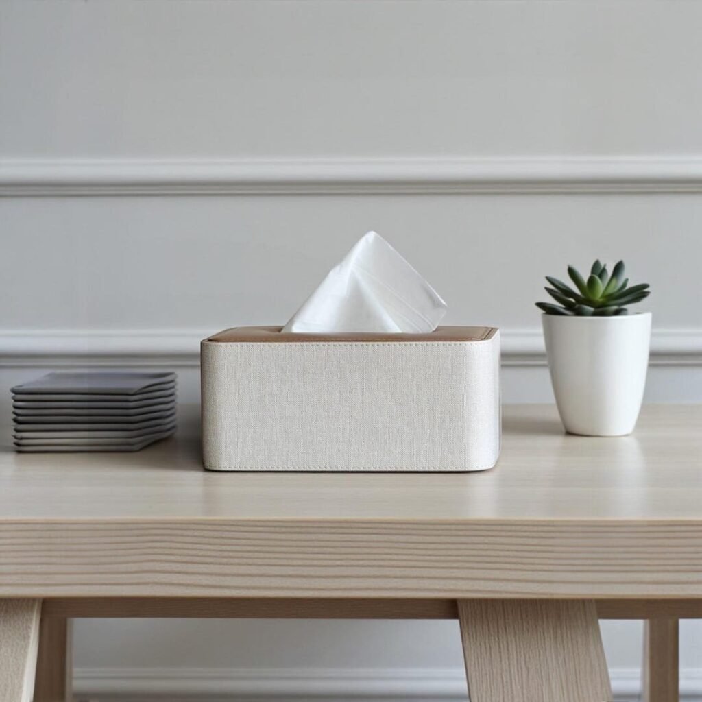 Rectangular PU leather tissue box cover with oak wood top by Connsole Casa