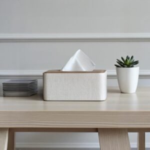 Rectangular Tissue Box Cover – PU Leather with Oak Wood Top