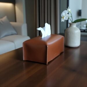 Genuine Leather Tissue Box Holder – Saffiano Slate & Cognac Saddle