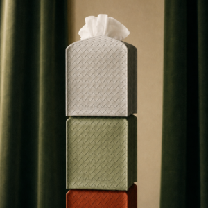 Woven textured PU leather tissue box cover – lifestyle Woven textured PU leather tissue box cover styled as home decor