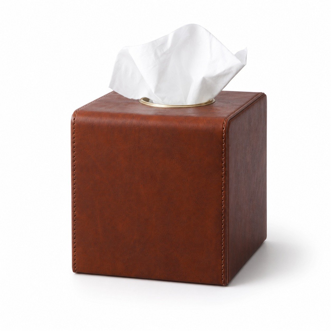 Square PU Leather Tissue Box Cover with Gold-Tone Trim and Magnetic Closure in gold trim brown by Connsole Casa