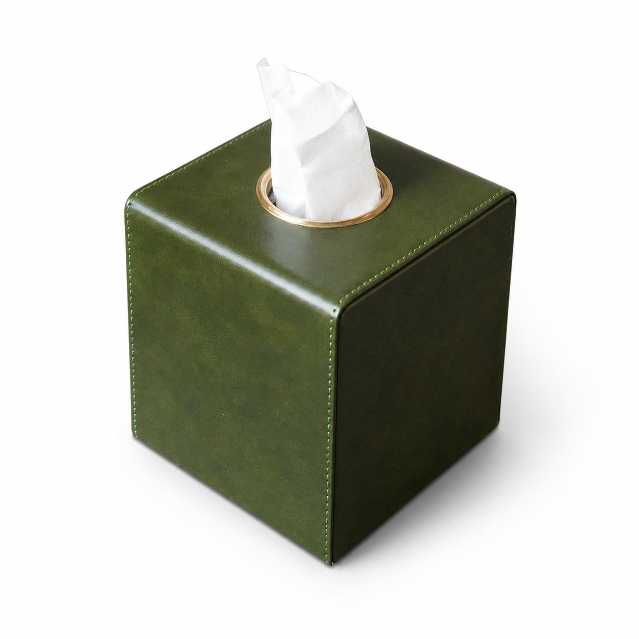 Square PU Leather Tissue Box Cover with Gold-Tone Trim and Magnetic Closure in gold trim green by Connsole Casa