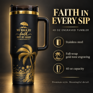 Black 40 oz engraved tumbler with gold-tone "We Walk By Faith Not By Sight" verse and palm beach scene – Connsole Casa
