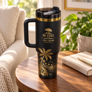 Black engraved 40 oz Bible verse tumbler on a wooden side table – lifestyle photo