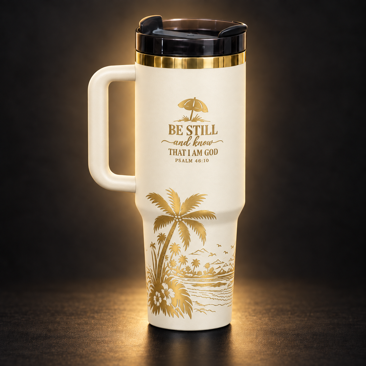 Cream 40 oz engraved tumbler with gold-tone "Be Still and Know That I Am God" Psalm 46:10 and palm beach scene