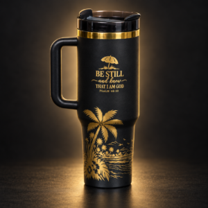 Black 40 oz engraved tumbler with gold-tone "Be Still and Know That I Am God" Psalm 46:10 and palm beach scene