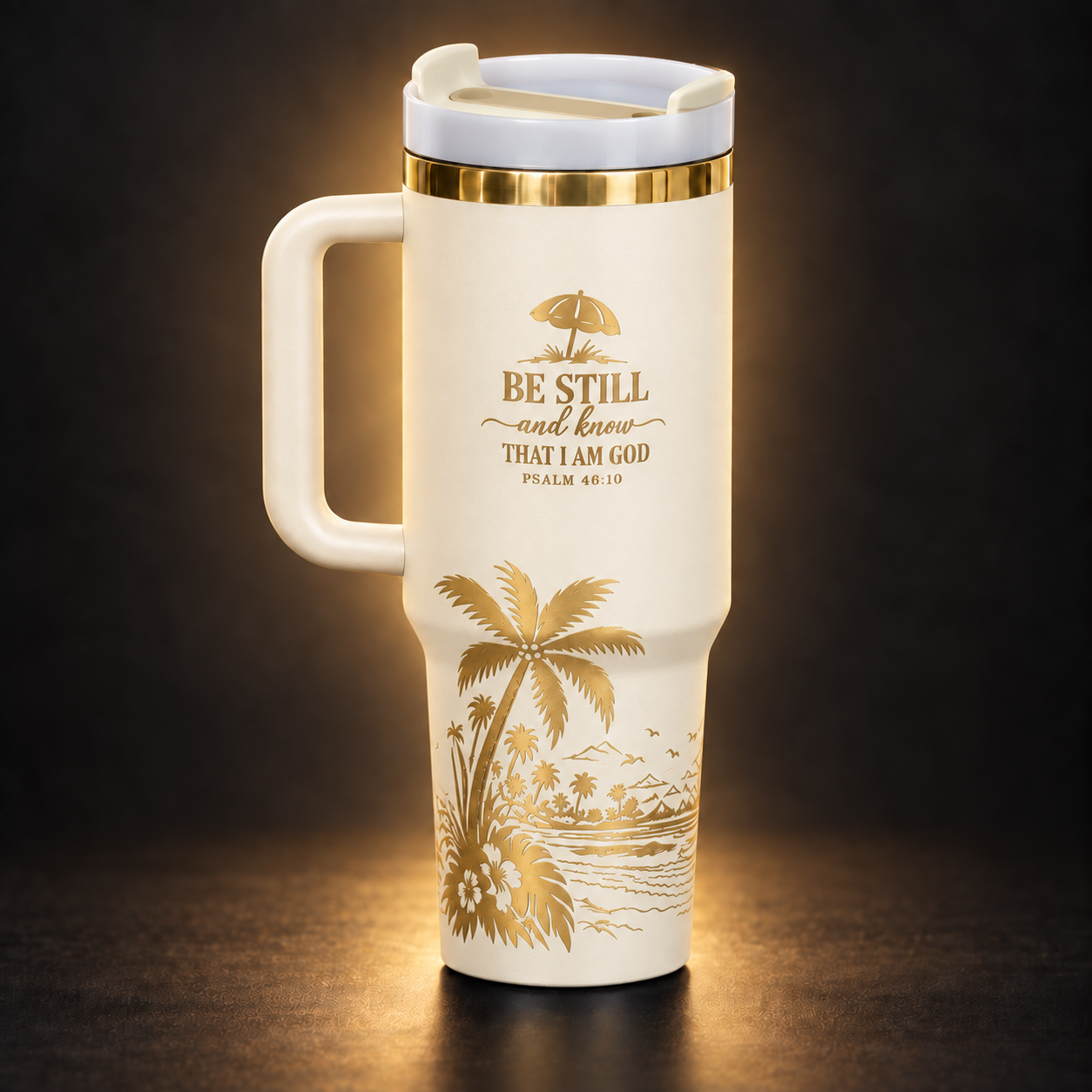 Cream 40 oz engraved tumbler with white lid, gold-tone "Be Still and Know" verse and palm beach scene